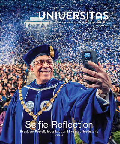 The cover of the 2025 fall issue of Universitas magazine, with an image of Dr. Pestello at commencement and the words "Selfie Reflection."