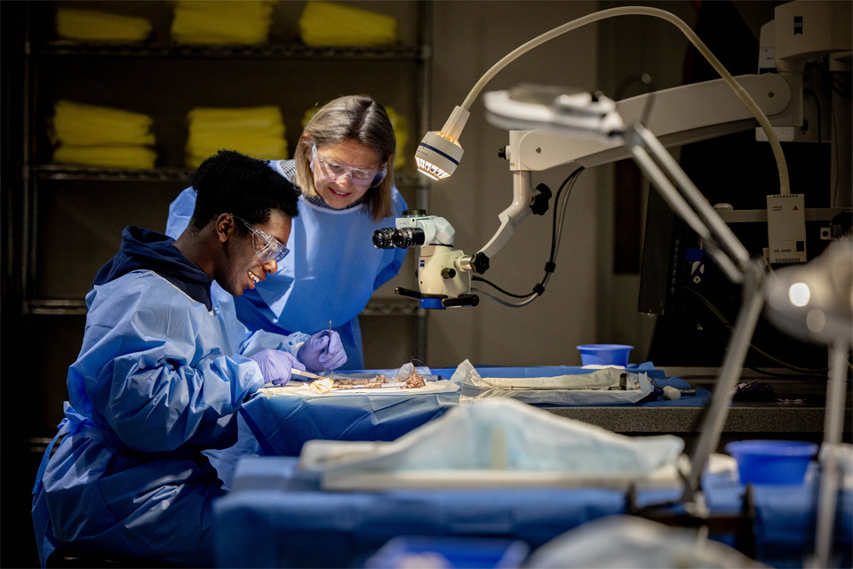 A student perfomring a medical procedure with the supervision of a medical instructor