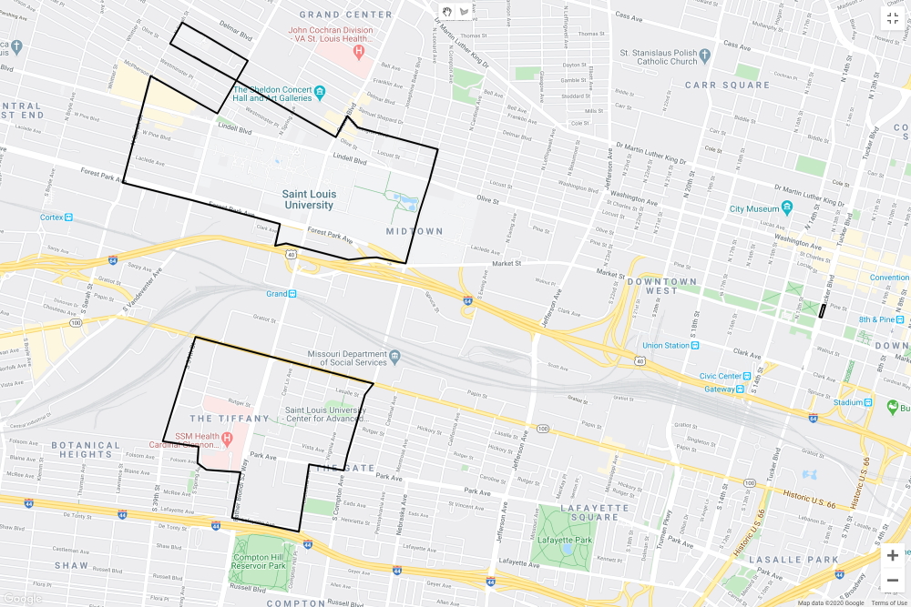 A map of the Saint Louis University campus with SLU Ride boundaries outlined