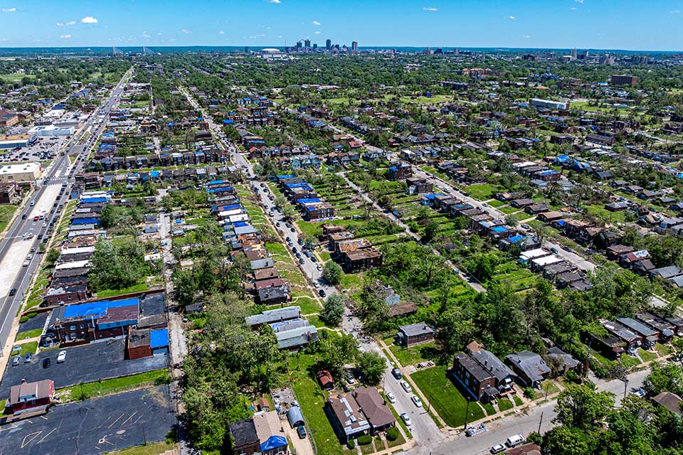 An aerial view of a north St. Louis City neighborhood after the May 2025 tornado.